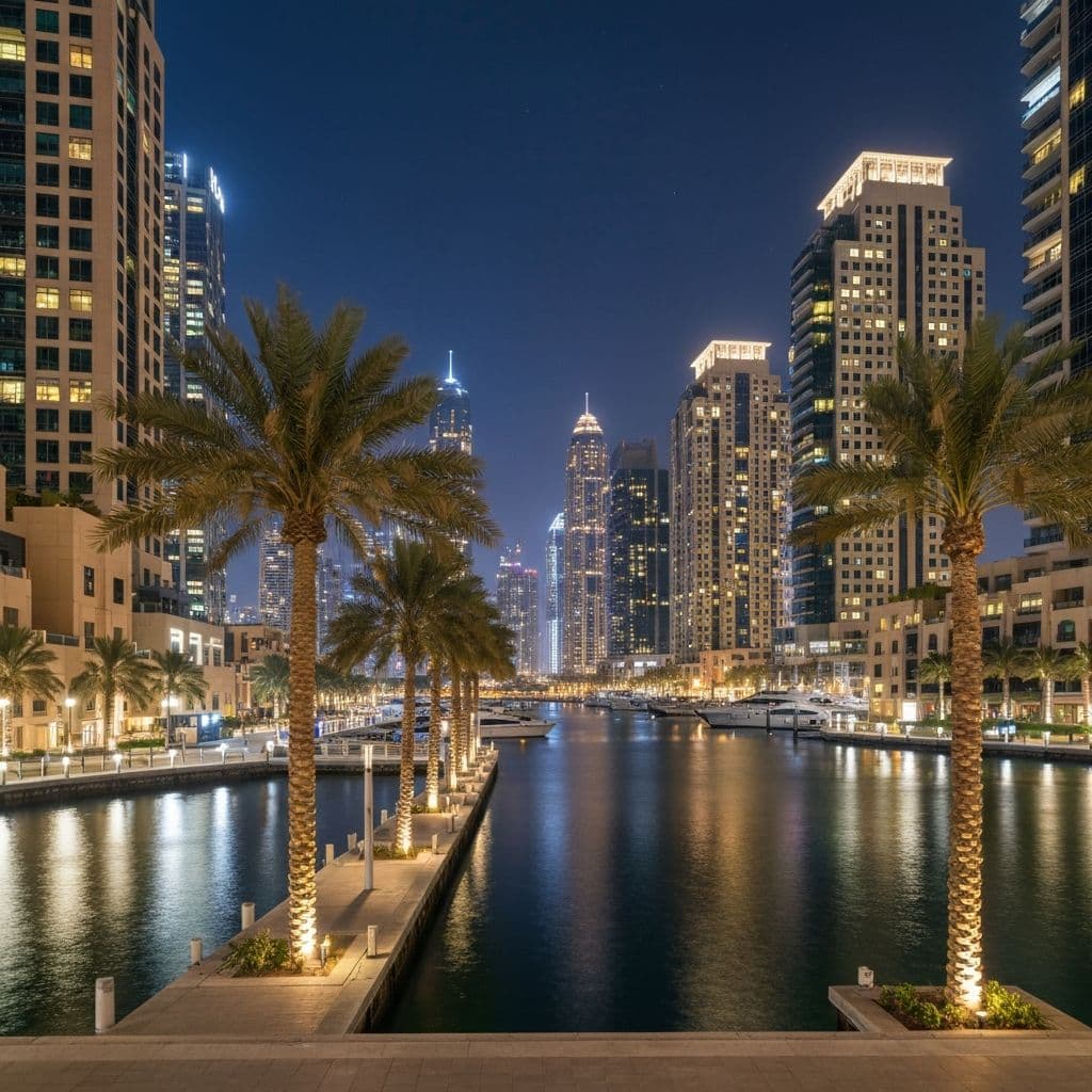 Palm trees along the Dubai Marina waterfront at night with lit towers