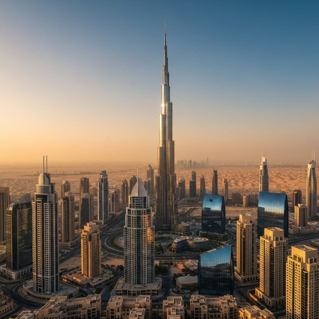 Downtown Dubai skyline with the Burj Khalifa at golden hour